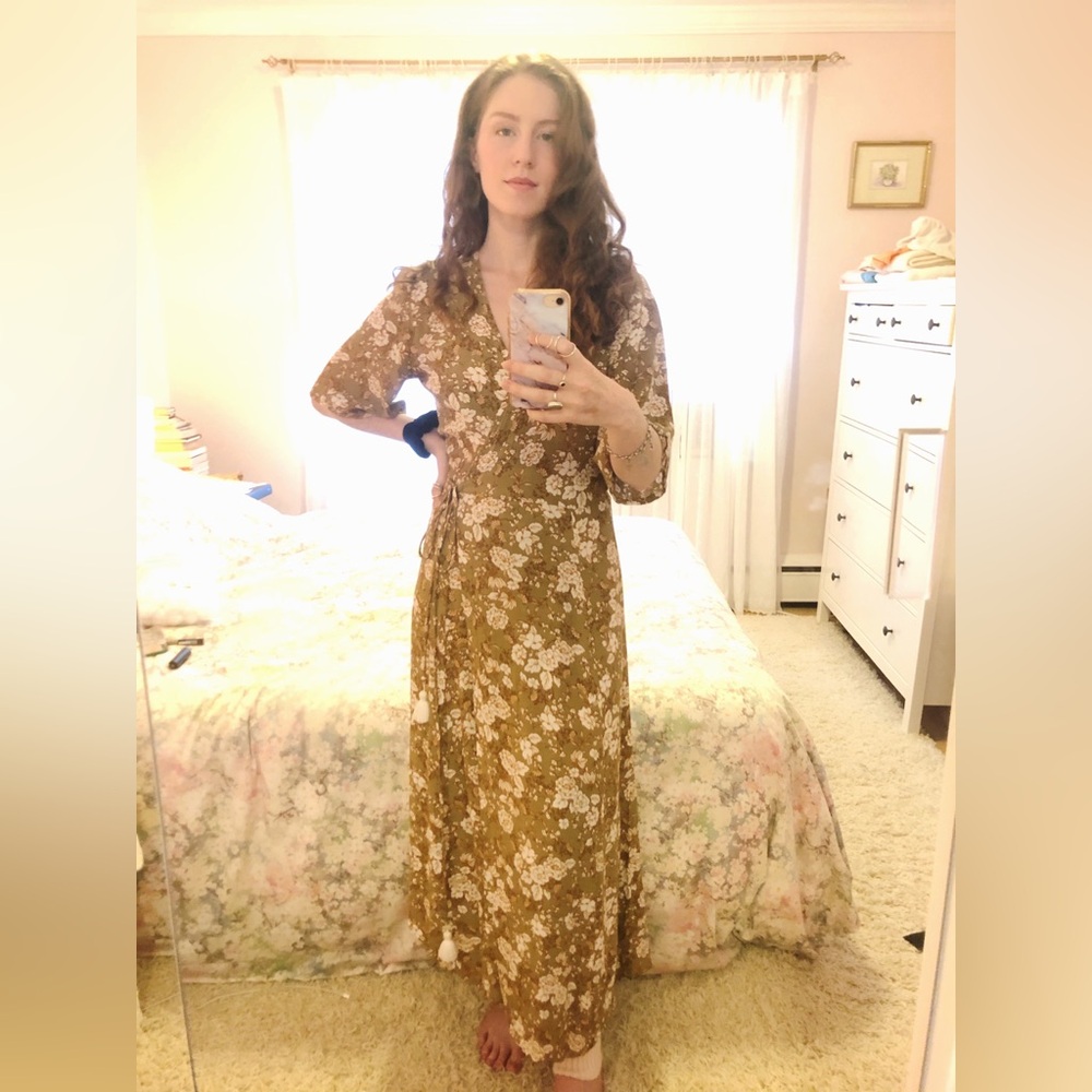 Faithfull the Brand Tan and Cream Floral Wrap Midi Dress, L - Picture 3 of 13